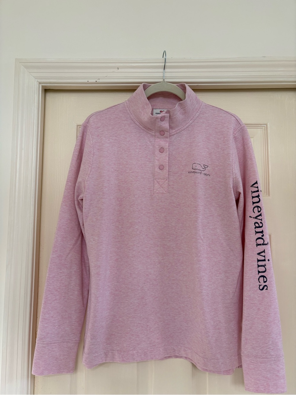 Vineyard Vines Heather Pink Half-Snap Pullover with Sleeve Wordmark